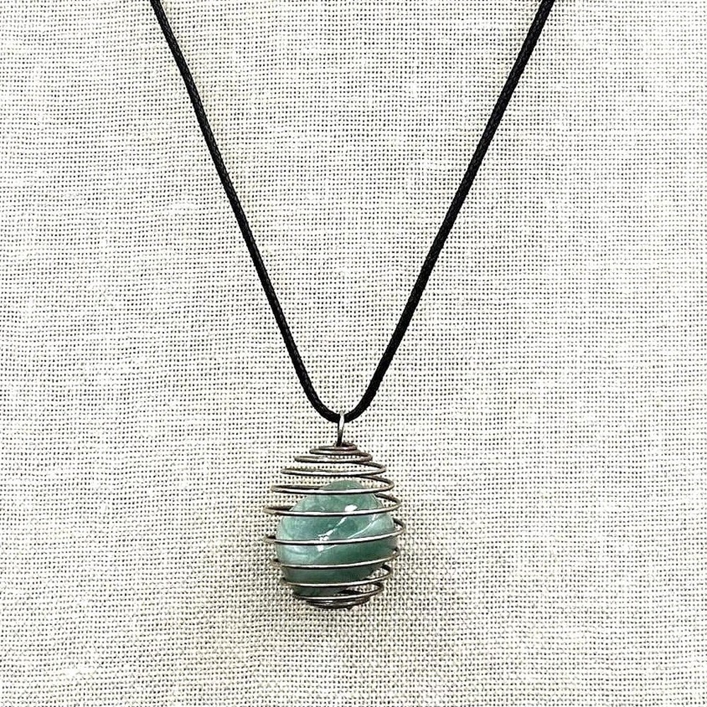 Vintage Green Aventurine Gemstone Pendant Black Cord Necklace